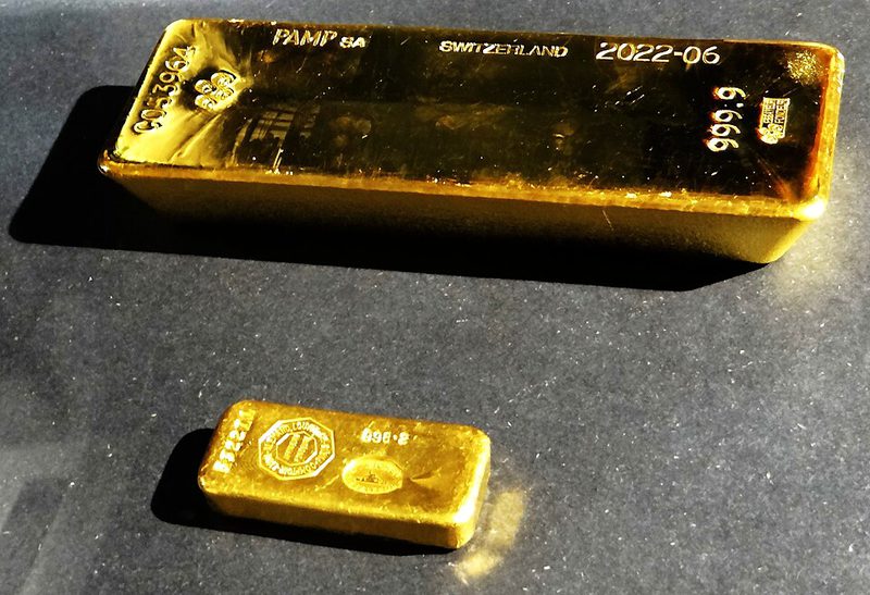 A gold ingot and bar on display at the Banque de France in Paris, 2022