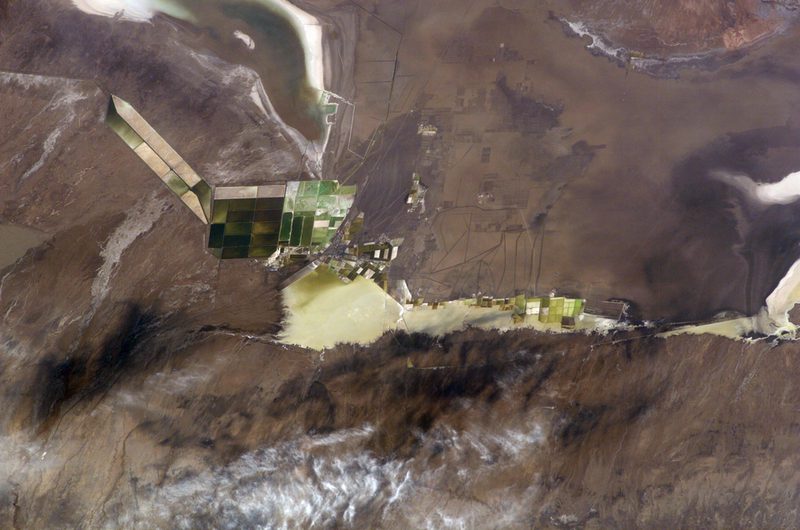 Salt evaporation ponds at Qarhan, near Golmud in Qinghai, seen from the International Space Station in 2003